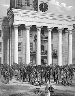 Announcement: A crowd gathered in front of the capitol building