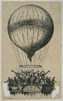 Balloonists: Crowd of passengers wave from basket of ascending balloon