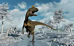 Riverbed: A Cryolophosaurus dinosaur walking along a stream of modern
