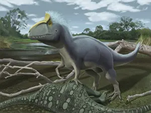 Guarding: Cryolophosaurus standing over it's prey