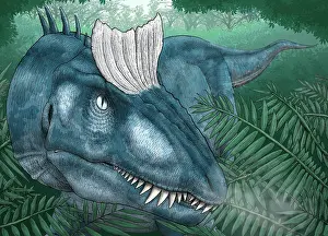 Close Up: A Cryolophosaurus walking through a Jurassic forest