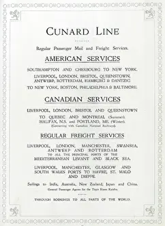 Listing: Cunard Company's regular passenger, mail, freight services