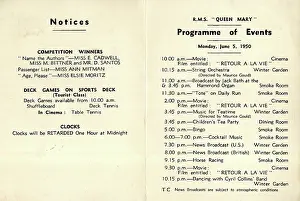 Teatime: Cunard White Star, RMS Queen Mary, Programme of Events