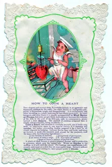 Puns: Cupid with cooking guidance on a comic Valentine card