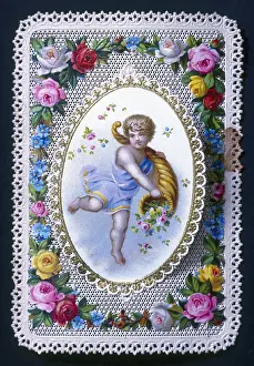 Betrothal: Cupid with cornucopia and flowers, greeting card