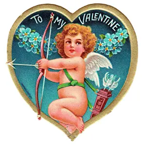 Forgetmenots: Cupid on a heart-shaped Valentine card