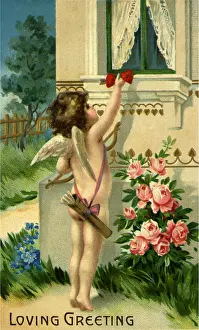 Tiptoes: Cupid holding Hearts up to a Window