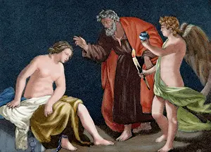Erotic: Cupid and Psyche. Engraving. Colored