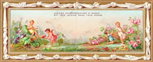 Posies: Cupids in a garden on a panoramic Valentine card