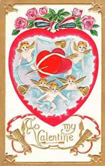 Whte: Cupids with hearts and flowers on a Valentine postcard