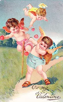 Forgetmenots: Cupids with hearts and flowers on a Valentine postcard