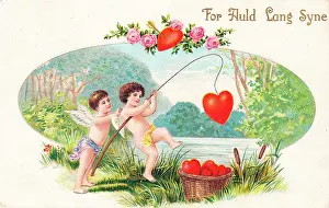 Syne: Cupids with red hearts on a New Year postcard
