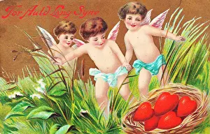 Syne: Cupids with red hearts on a New Year postcard