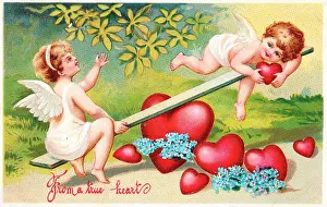 Forgetmenots: Cupids on a seesaw on a Valentine postcard