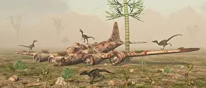 Destroy: Curious velociraptors explore the wreckage of a B-17 bomber