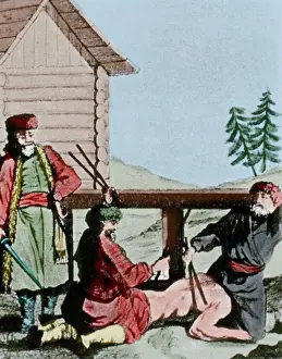 Serf: Czarist Russia. Beating an a servant. Engraving. Colored