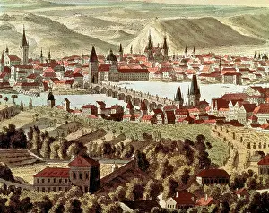 Vltava: Czech Republic. Prague. Engraving. 18th century. Colored