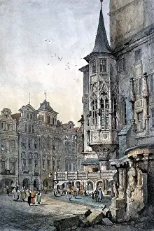 Midtown: Czechoslovakia, Prague, city hall, coloured lithograph