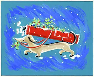 Wormell: Dachshund with golf bag and holly