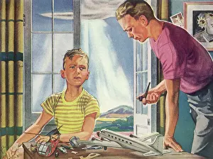 Admires: Dad admires Son building Model Airplanes