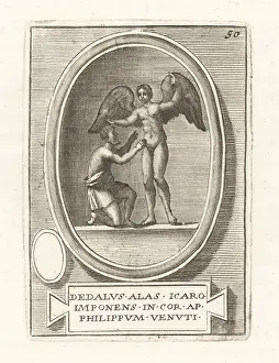 Greek Myth: Daedalus fixing wings on his son Icarus