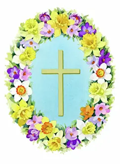 Crocuses: Daffodils and Crocuses around a Cross