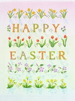 Primroses: Daffodils, Tulips, Primroses with Happy Easter