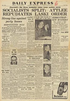 Bevin: Daily Express front page Attlee repudiates Laski