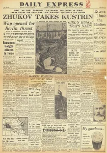 Kustrin: Daily Express front page Red Army capture Kustrin