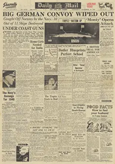 Cleft: Daily Mail front page Sinking of the Tirpitz