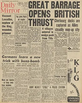 Bombards: Daily Mirror front page Navy bombards Normandy