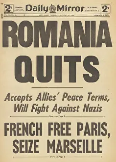 Falaise: Daily Mirror front page Romania surrender