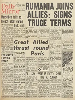 Falaise: Daily Mirror front page Romania surrender