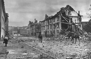 Destructive: Damaged Street in Aachen, Germany; Second World War, 1944