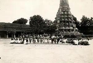 Cambodia: Dancers in a temple courtyard, Cambodia, c.1920s
