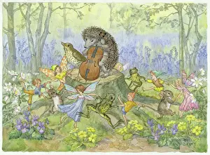 Medici Society (molly Brett): Dancing Time - hedgehog cellist on tree stump with frogs