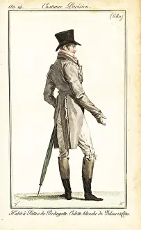 Top Hat: Dandy in top hat, frock coat, striped breeches, Paris, 1805
