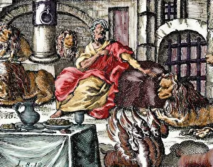 Punish: Daniel in the lion's den. Colored engraving