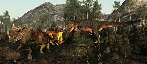 Paleogeography: A Daspletosaurus approaches a small group of Rubeosaurus
