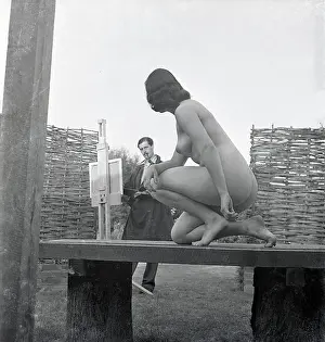 Easel: David Cox painting a nude, St Ives, Cornwall