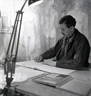 Ives: David Cox at work in his studio, St Ives, Cornwall