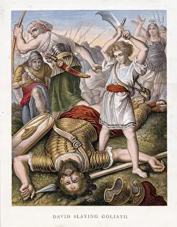 Approx: David, having killed the Philistine giant, Goliath