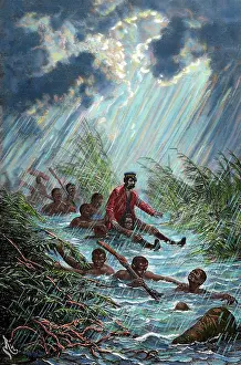 Raining: David Livingstone (1813-1873) through a swamp with a porter