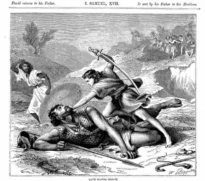 Approx: David slaying the Philistine giant Goliath.'Bible