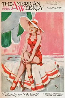 David Wright woman in a red swimsuit