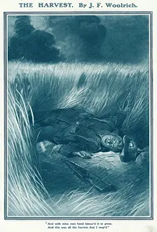 Symbolically: A dead German, lying symbolically in a field of wheat