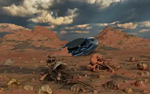 Wreck: Dead humanoid remains lying near a crashed UFO