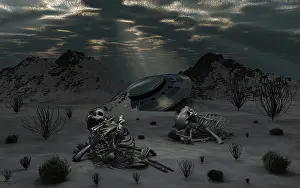 Wreck: Dead humanoid remains lying near a crashed UFO