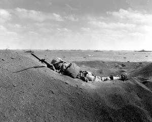 Lcgr1311: Dead U.S. Marine, his bayonet fixed, was killed