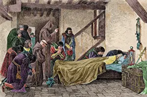 Columbus: Death of Christopher Columbus (1451-1506). Colored engraving